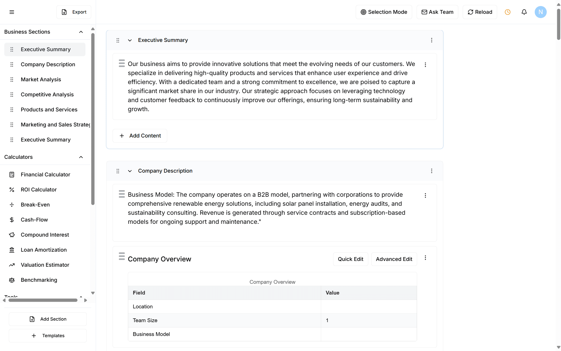 AI business plan dashboard screenshot